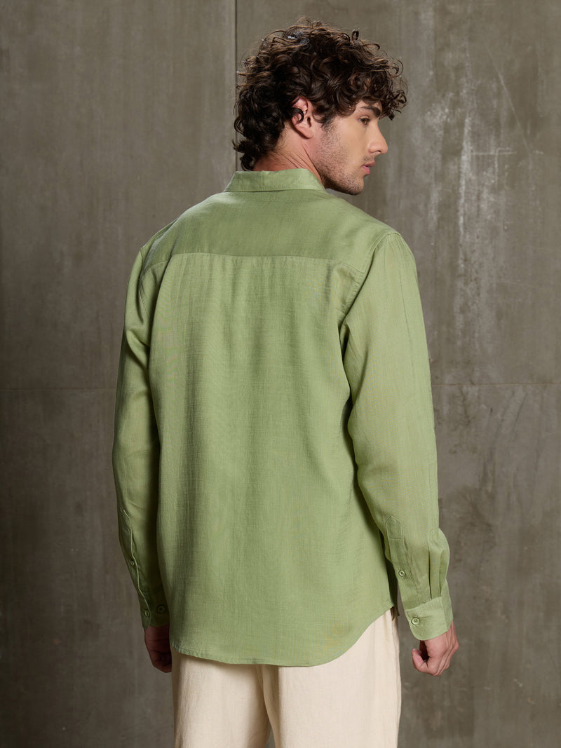 Cahoot Men's Light Green Linen Viscose Slub Button Down Shirt - view 4
