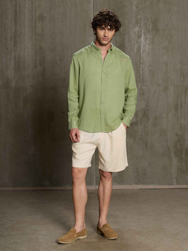 Cahoot Men's Light Green Linen Viscose Slub Button Down Shirt - view 5