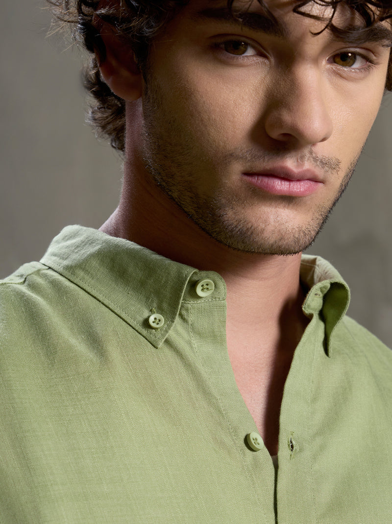 Cahoot Men's Light Green Linen Viscose Slub Button Down Shirt - view 7