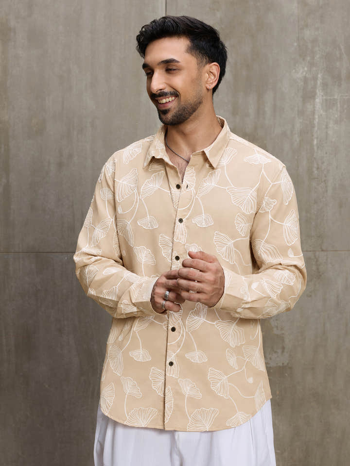 Cahoot Men's Cream Floral Embroidered Casual Shirt - view 2