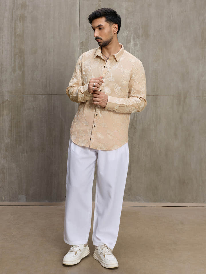 Cahoot Men's Cream Floral Embroidered Casual Shirt - view 5