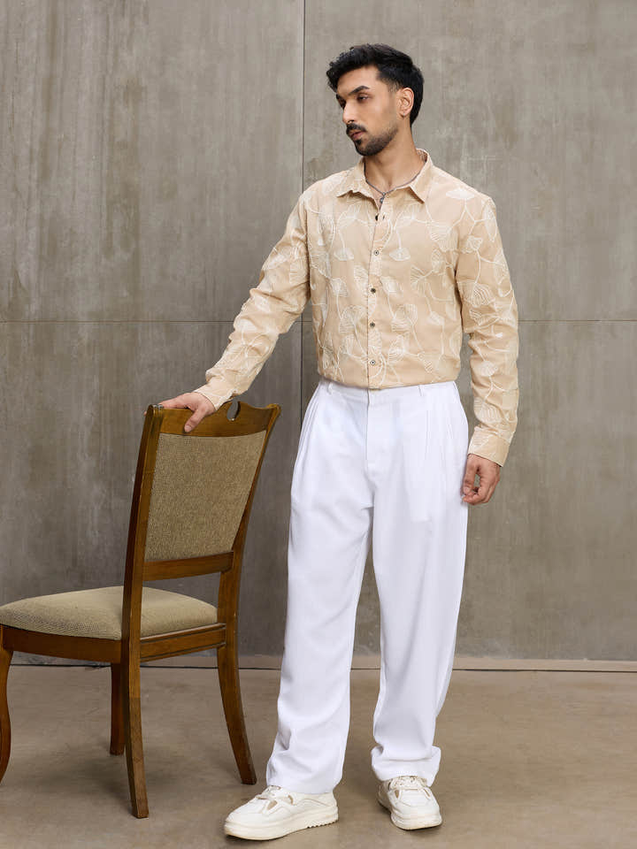 Cahoot Men's Cream Floral Embroidered Casual Shirt - view 6