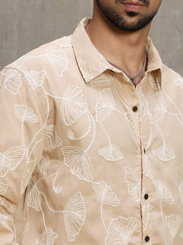 Cahoot Men's Cream Floral Embroidered Casual Shirt - view 7
