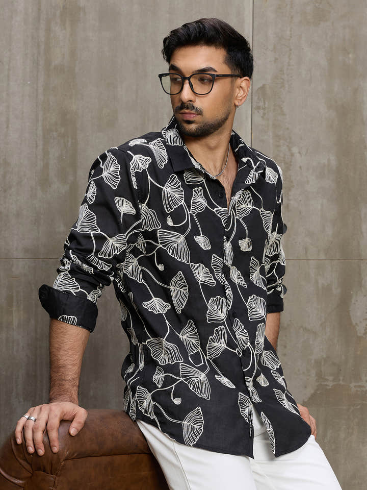 Cahoot Men's Black Floral Embroidered Casual Shirt - view 1