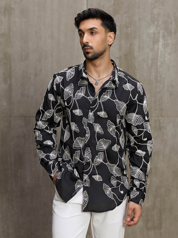 Cahoot Men's Black Floral Embroidered Casual Shirt - view 2