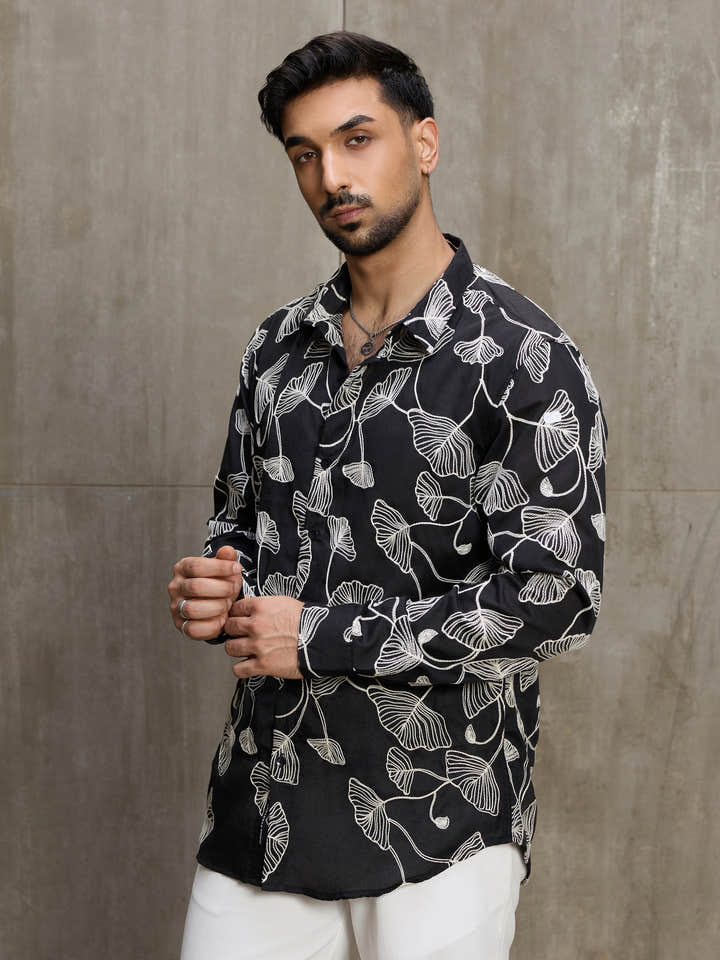Cahoot Men's Black Floral Embroidered Casual Shirt - view 3