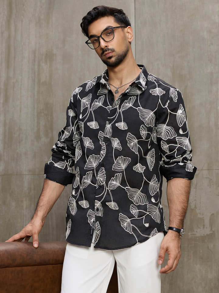Cahoot Men's Black Floral Embroidered Casual Shirt - view 7