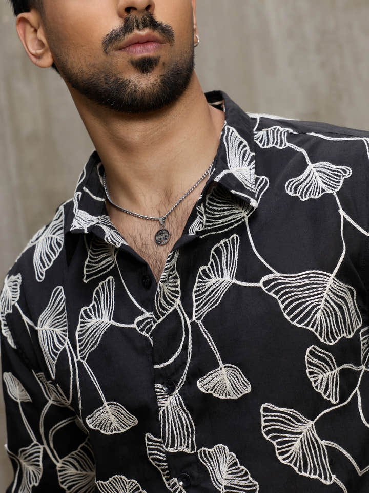 Cahoot Men's Black Floral Embroidered Casual Shirt - view 8
