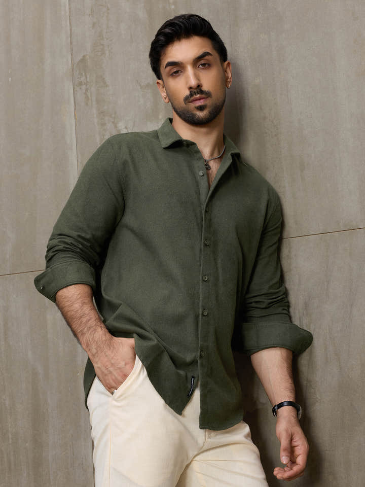 Cahoot Men's Olive Solid Brushed Fabric Shirt - view 1