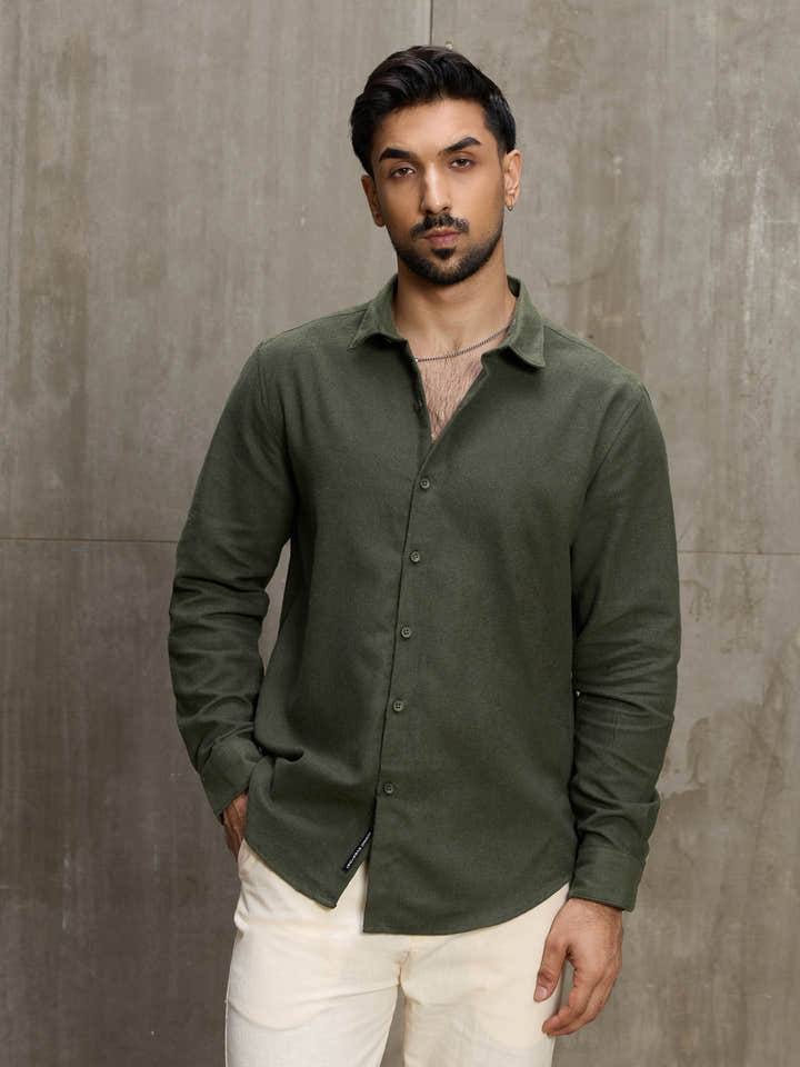 Cahoot Men's Olive Solid Brushed Fabric Shirt - view 2