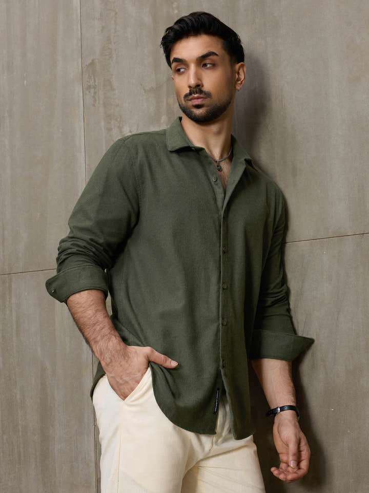 Cahoot Men's Olive Solid Brushed Fabric Shirt - view 8