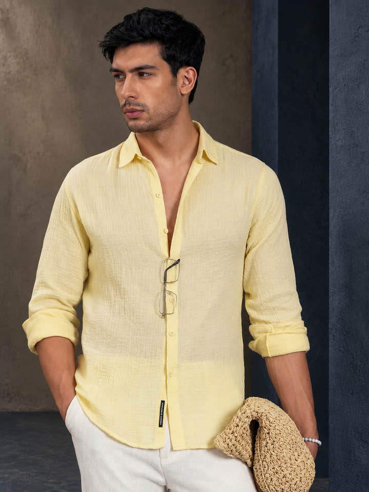 Cahoot Men's Butter Yellow Muslin Breezy-Weave Shirt - view 1