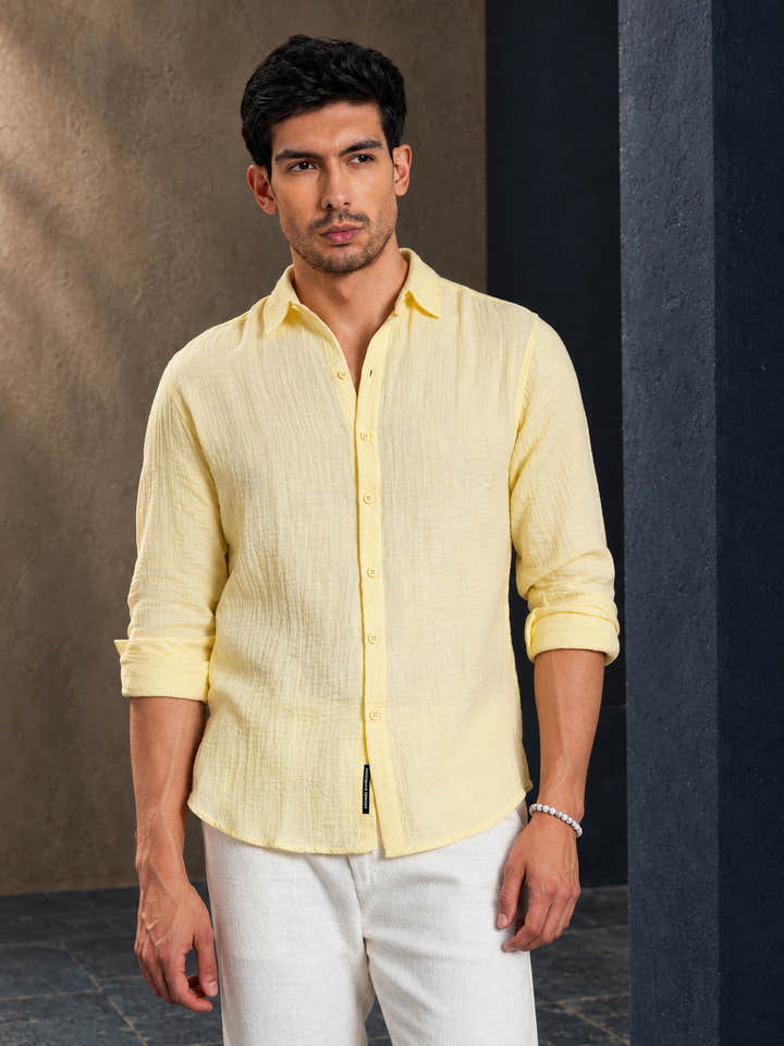 Cahoot Men's Butter Yellow Muslin Breezy-Weave Shirt - view 2