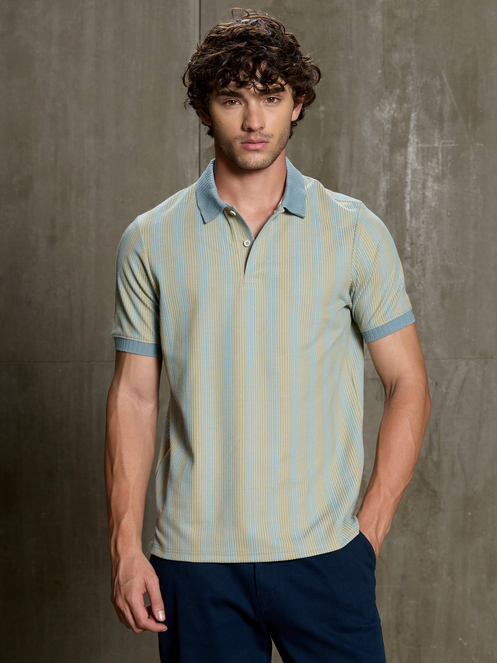 Cahoot Men's Light Blue & Yellow Striped Jacquard Stretchable Polo - view 2