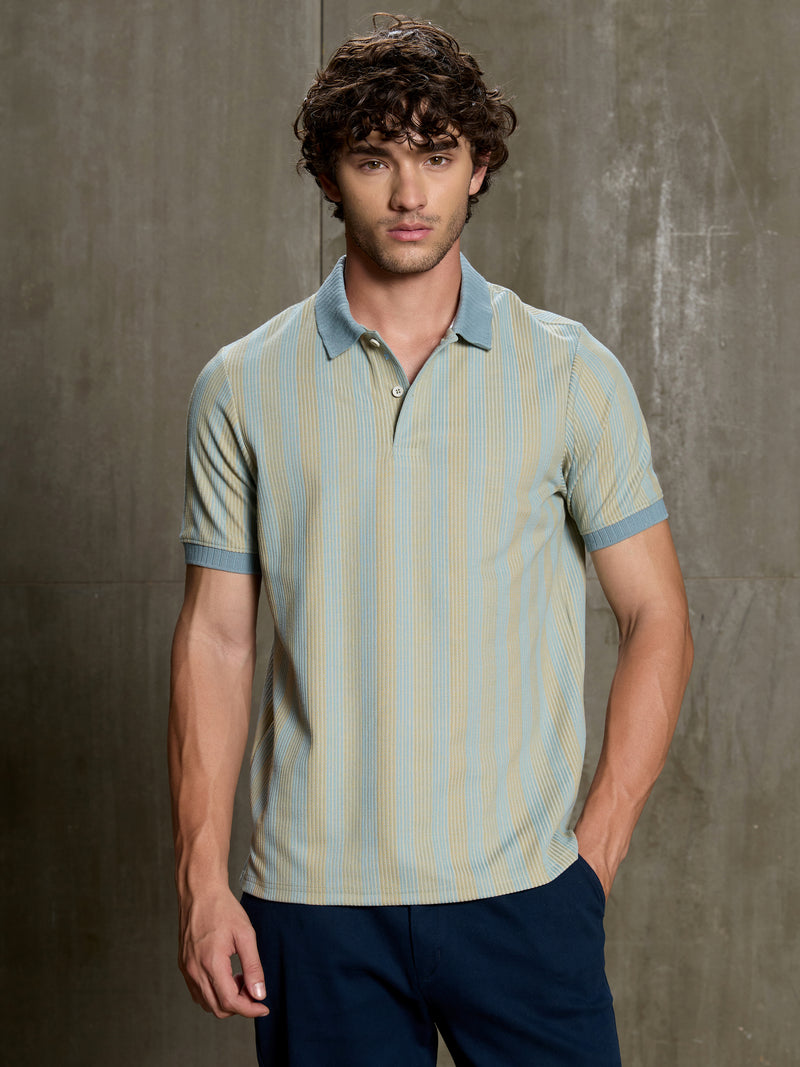 Cahoot Men's Light Blue & Yellow Striped Jacquard Stretchable Polo - view 2