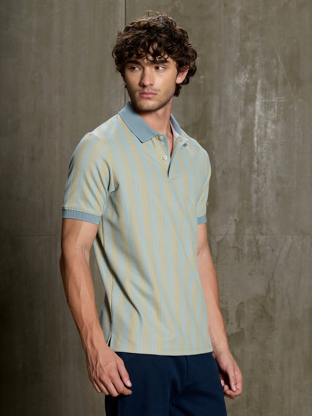 Cahoot Men's Light Blue & Yellow Striped Jacquard Stretchable Polo - view 3