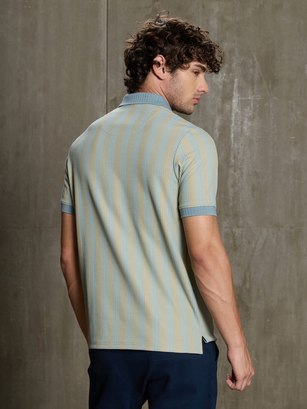Cahoot Men's Light Blue & Yellow Striped Jacquard Stretchable Polo - view 4