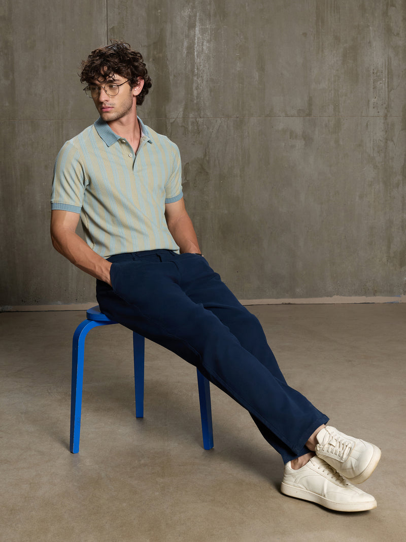 Cahoot Men's Light Blue & Yellow Striped Jacquard Stretchable Polo - view 6