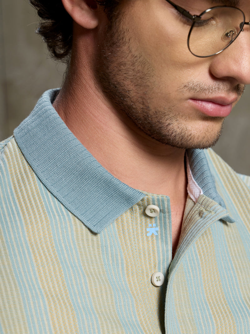 Cahoot Men's Light Blue & Yellow Striped Jacquard Stretchable Polo - view 7
