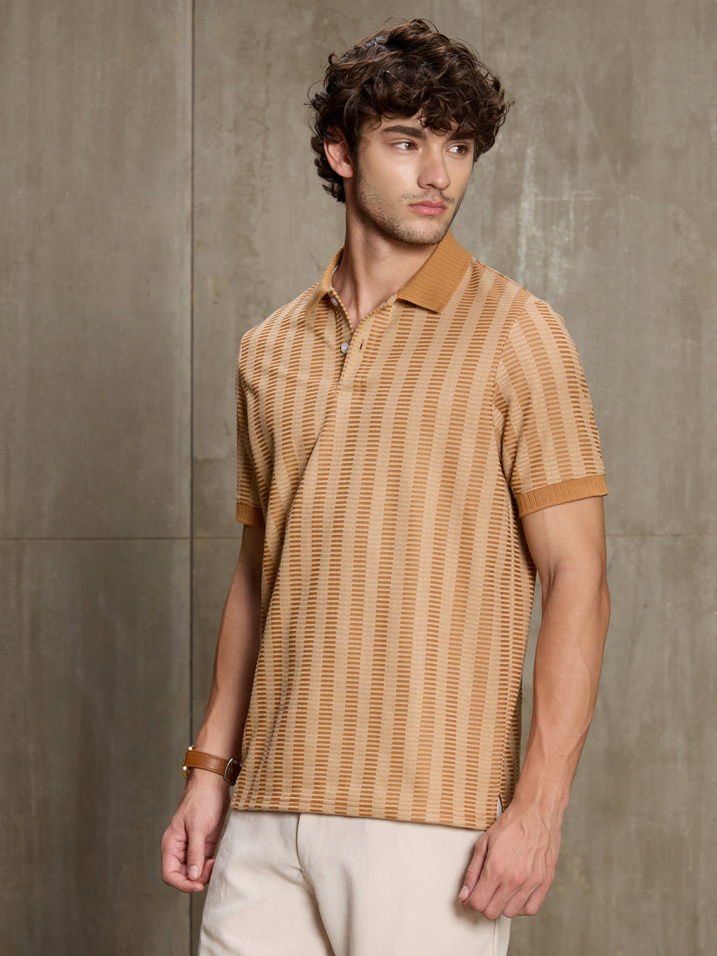 Cahoot Men's Tan Striped Jacquard Stretchable Polo - view 3