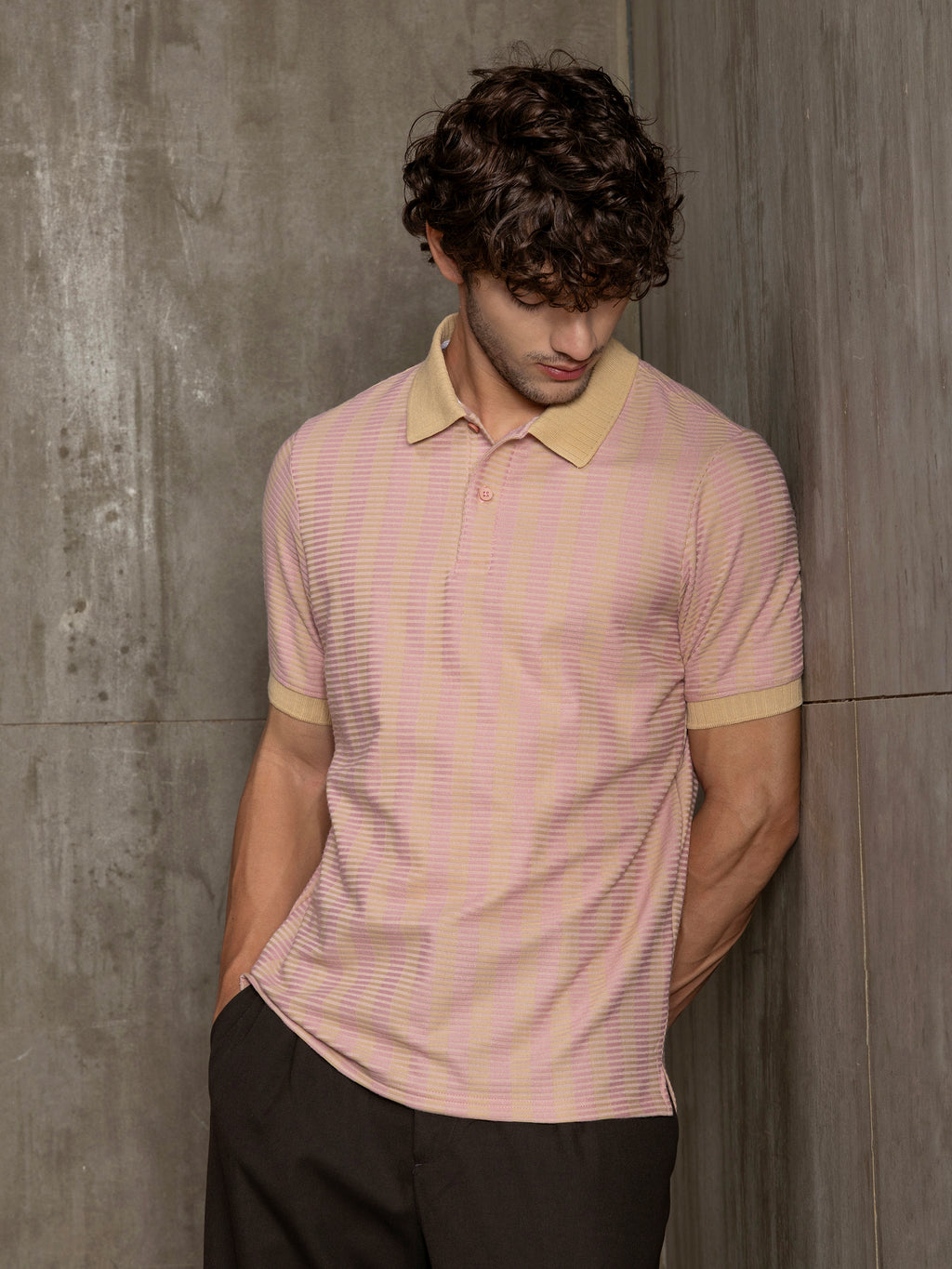 Cahoot Men's Pink & Yellow Striped Jacquard Stretchable Polo - view 1