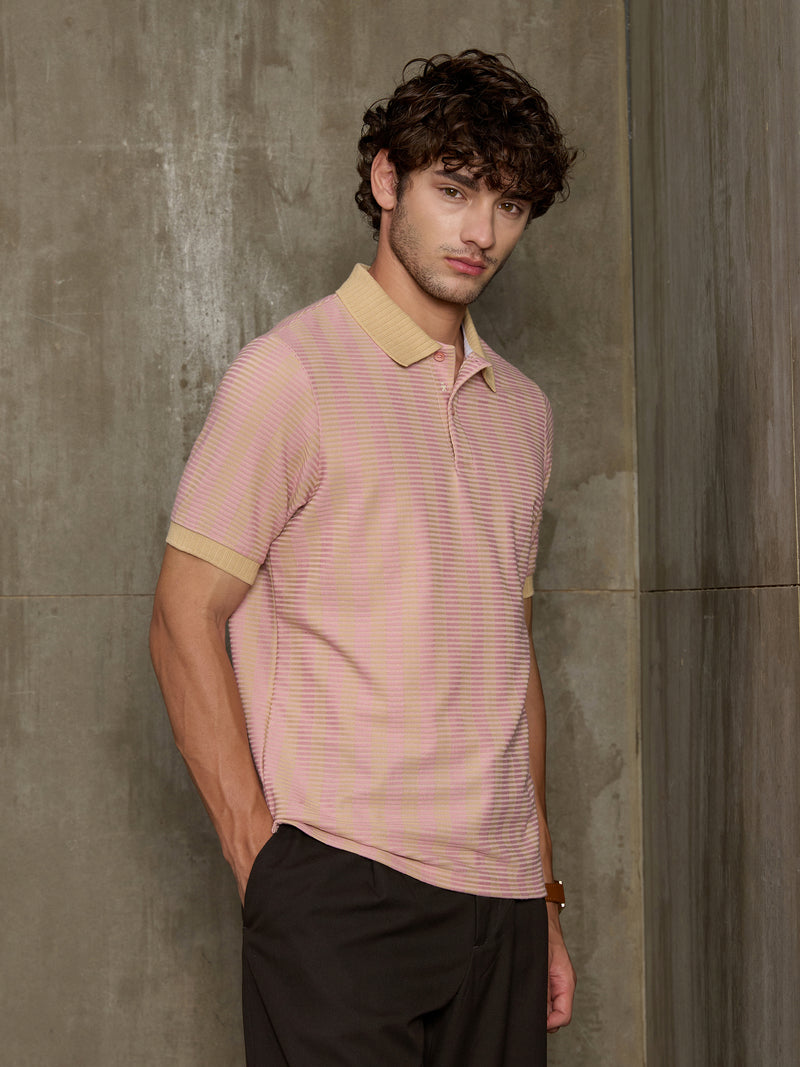 Cahoot Men's Pink & Yellow Striped Jacquard Stretchable Polo - view 3