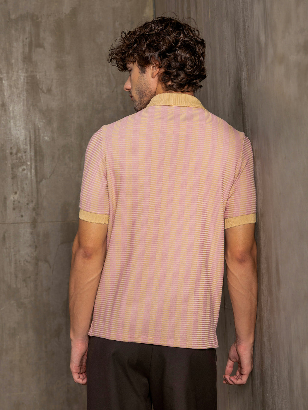 Cahoot Men's Pink & Yellow Striped Jacquard Stretchable Polo - view 4