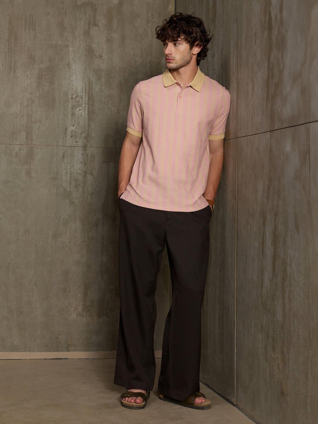 Cahoot Men's Pink & Yellow Striped Jacquard Stretchable Polo - view 5