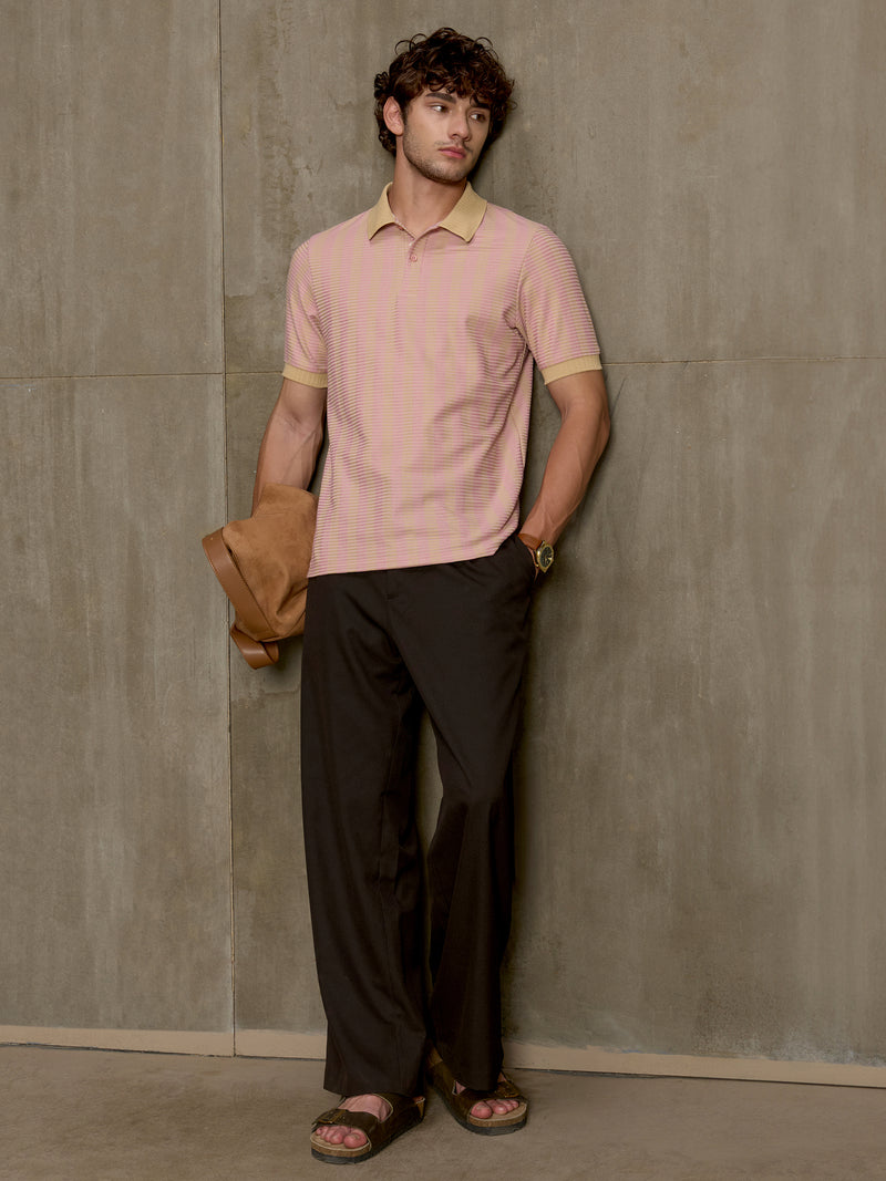 Cahoot Men's Pink & Yellow Striped Jacquard Stretchable Polo - view 6