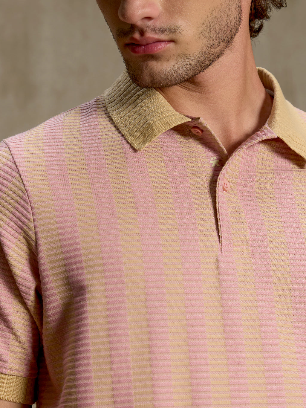 Cahoot Men's Pink & Yellow Striped Jacquard Stretchable Polo - view 7