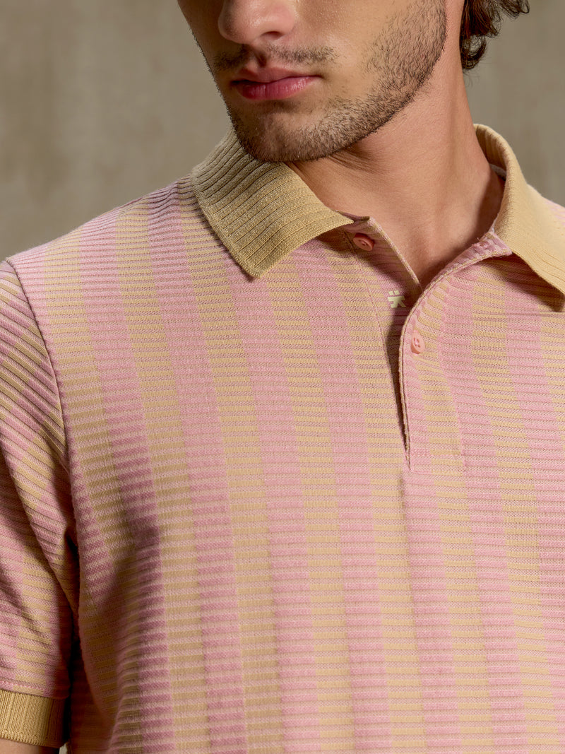 Cahoot Men's Pink & Yellow Striped Jacquard Stretchable Polo - view 7