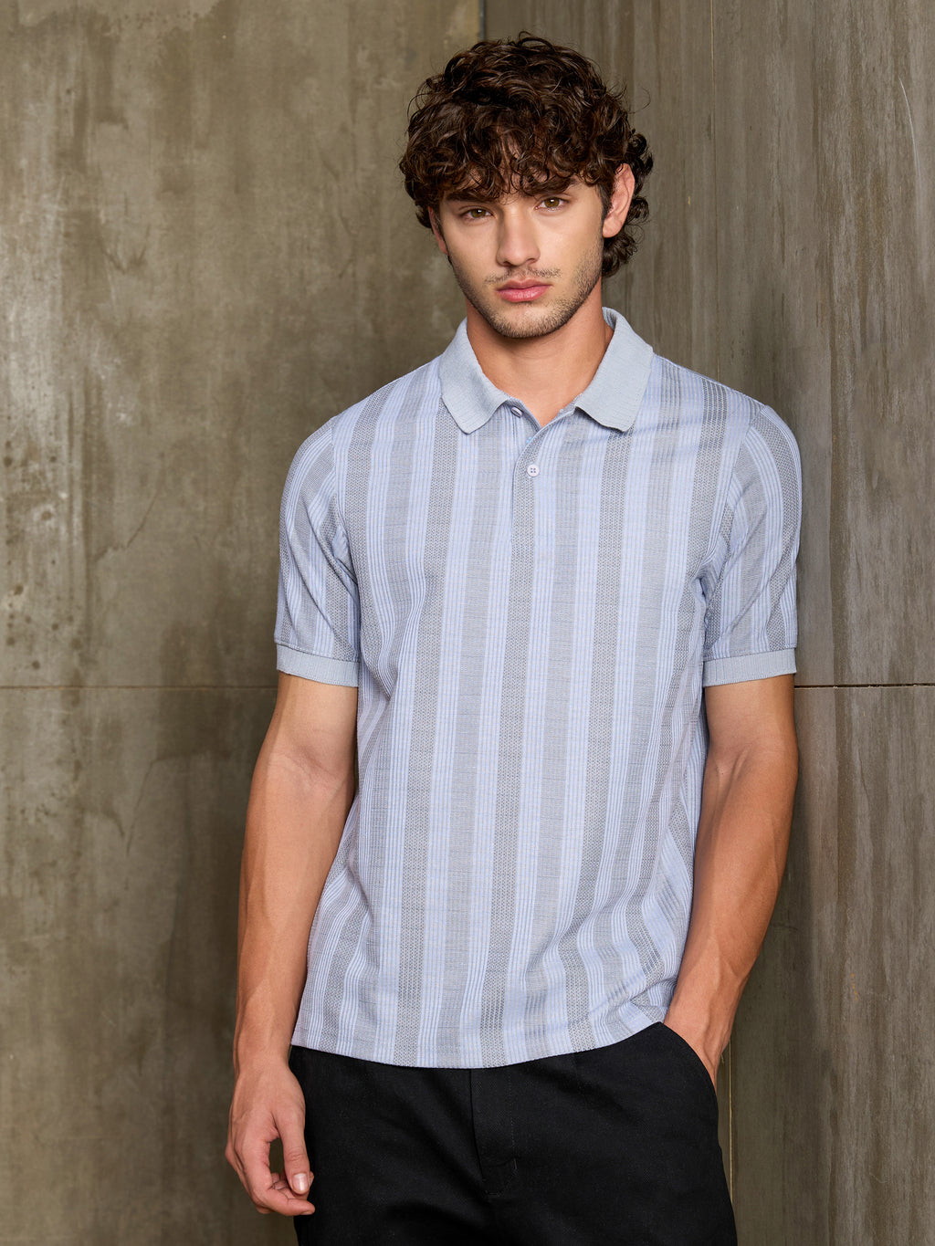 Cahoot Men's Light Blue & White Striped Jacquard Stretchable Polo - view 1