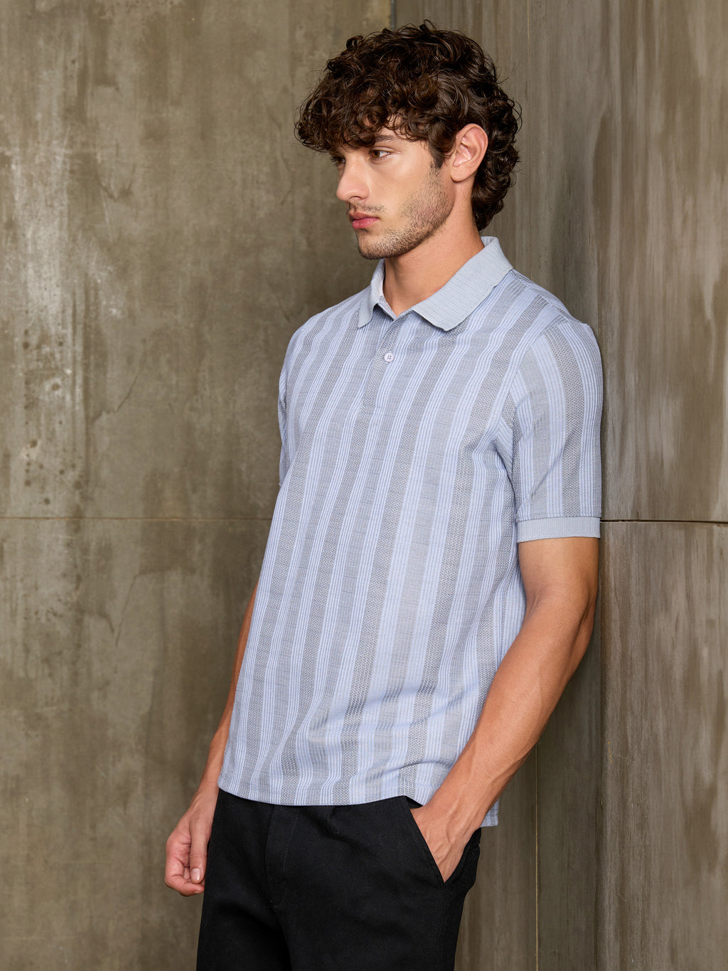 Cahoot Men's Light Blue & White Striped Jacquard Stretchable Polo - view 3