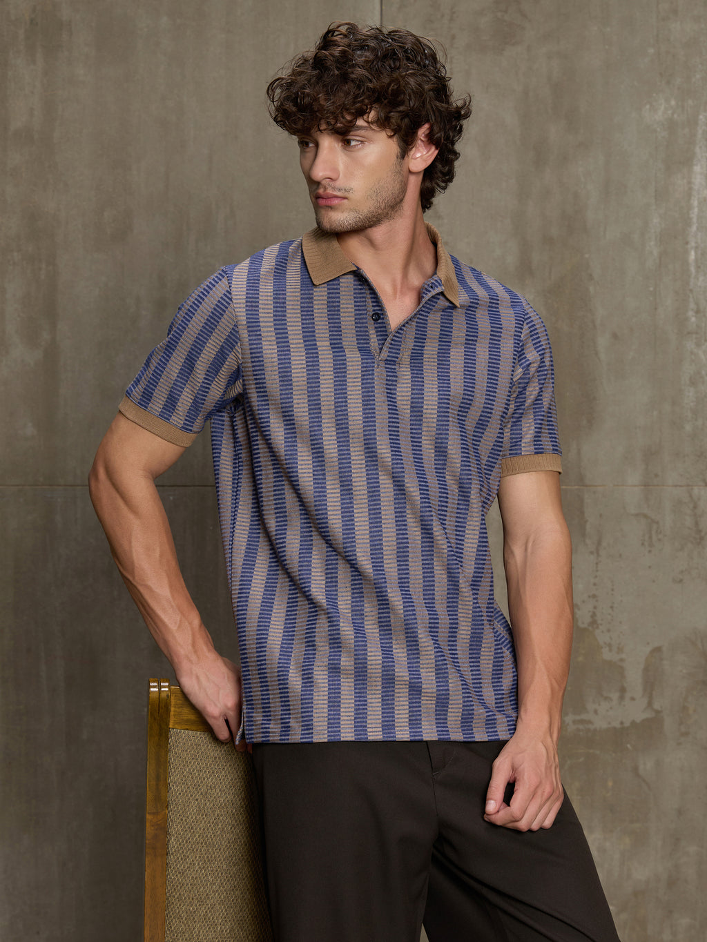 Cahoot Men's Blue & Tan Striped Jacquard Stretchable Polo - view 1