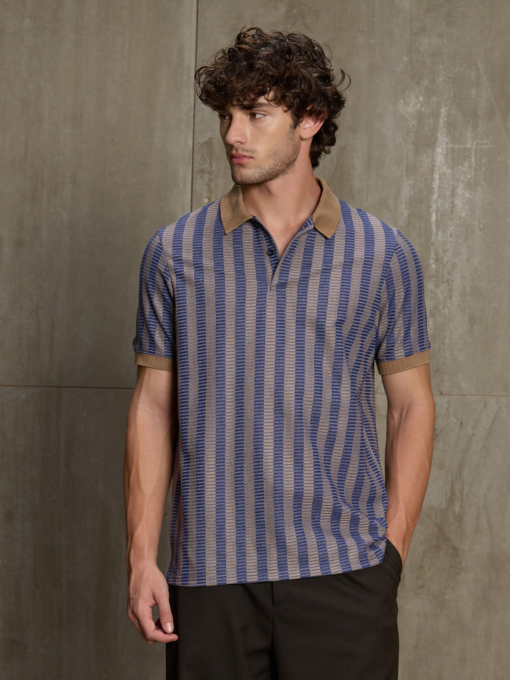 Cahoot Men's Blue & Tan Striped Jacquard Stretchable Polo - view 2