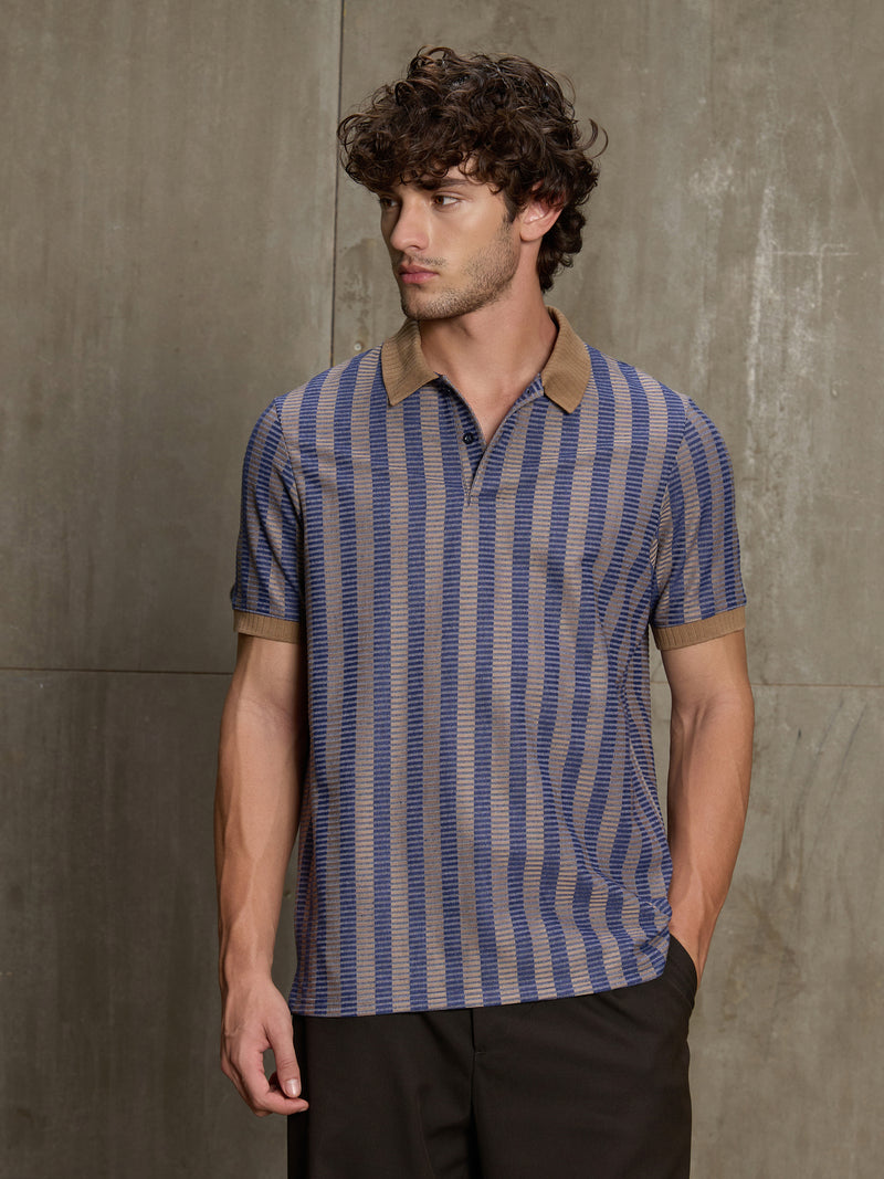 Cahoot Men's Blue & Tan Striped Jacquard Stretchable Polo - view 2