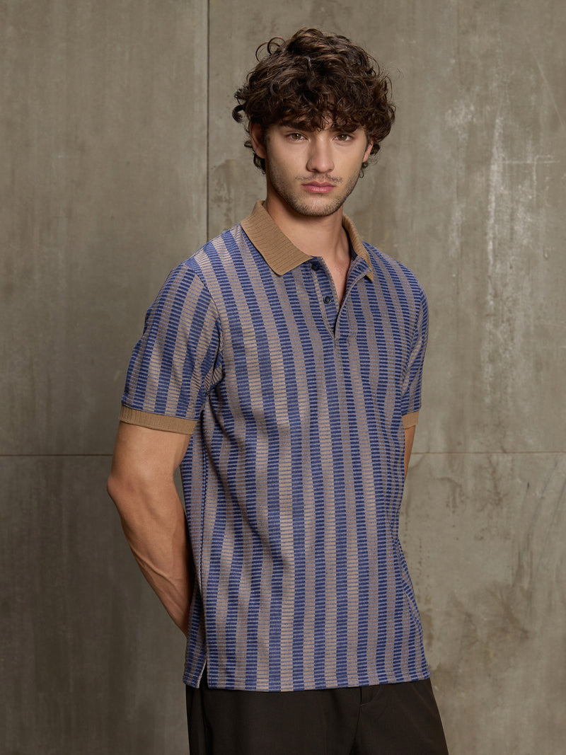 Cahoot Men's Blue & Tan Striped Jacquard Stretchable Polo - view 3