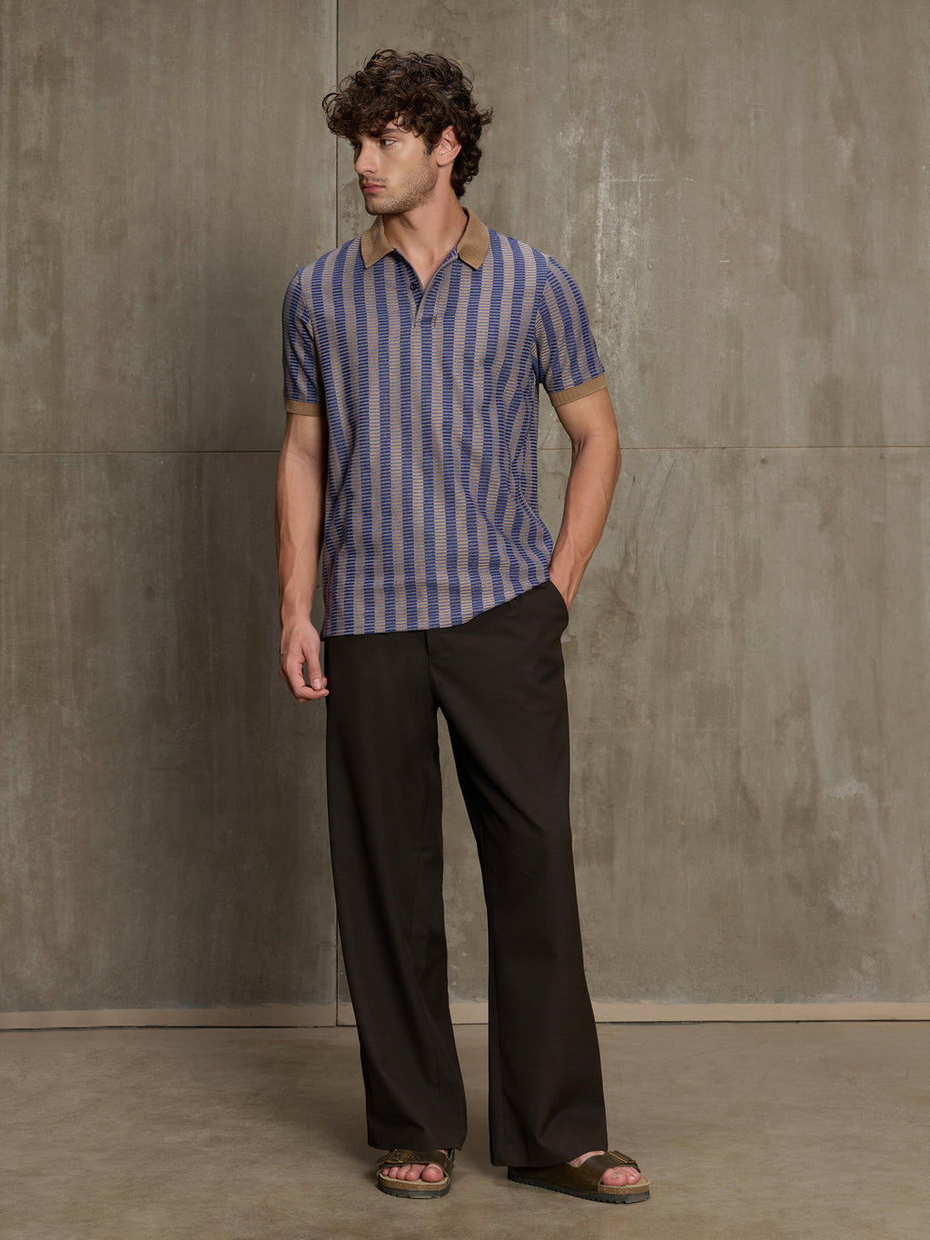 Cahoot Men's Blue & Tan Striped Jacquard Stretchable Polo - view 5