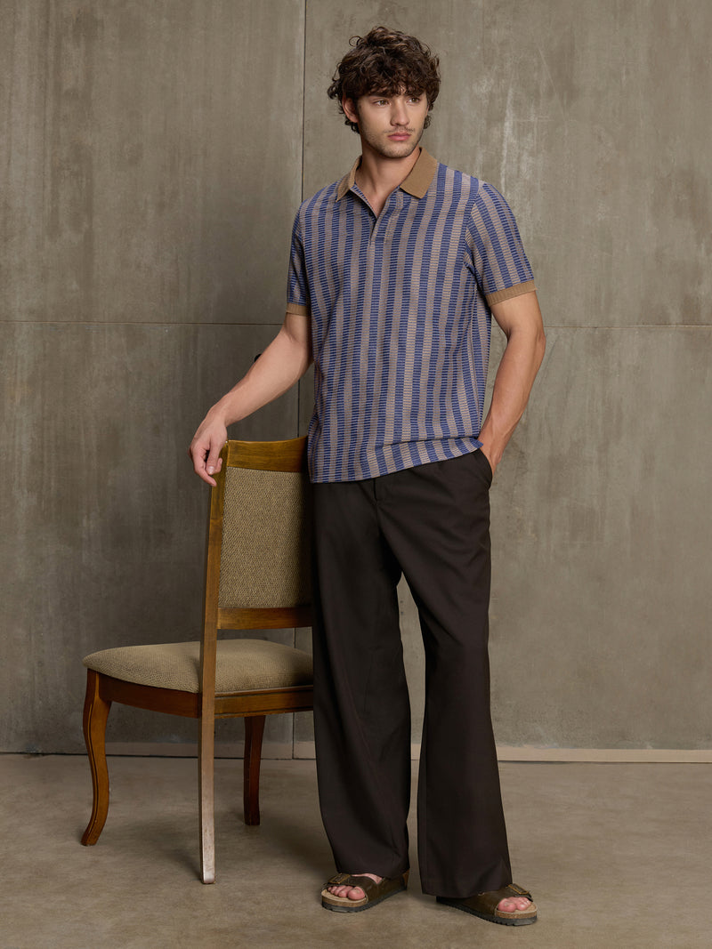Cahoot Men's Blue & Tan Striped Jacquard Stretchable Polo - view 6