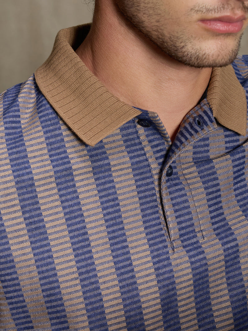 Cahoot Men's Blue & Tan Striped Jacquard Stretchable Polo - view 7
