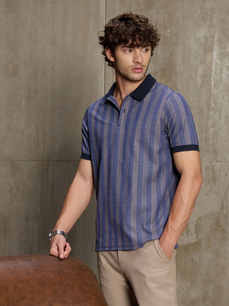 Cahoot Men's Navy & Grey Striped Jacquard Stretchable Polo - view 1