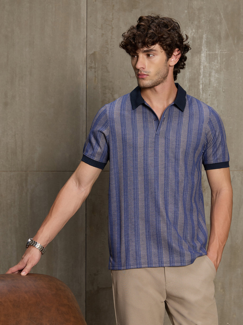 Cahoot Men's Navy & Grey Striped Jacquard Stretchable Polo - view 2