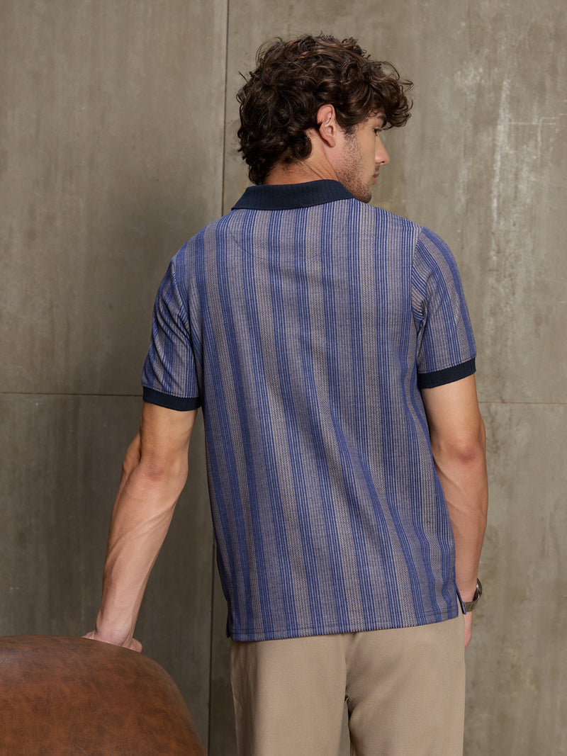 Cahoot Men's Navy & Grey Striped Jacquard Stretchable Polo - view 4