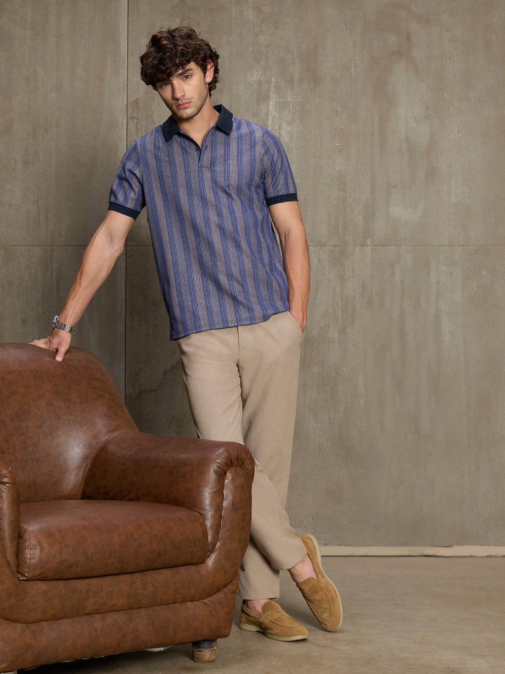 Cahoot Men's Navy & Grey Striped Jacquard Stretchable Polo - view 5