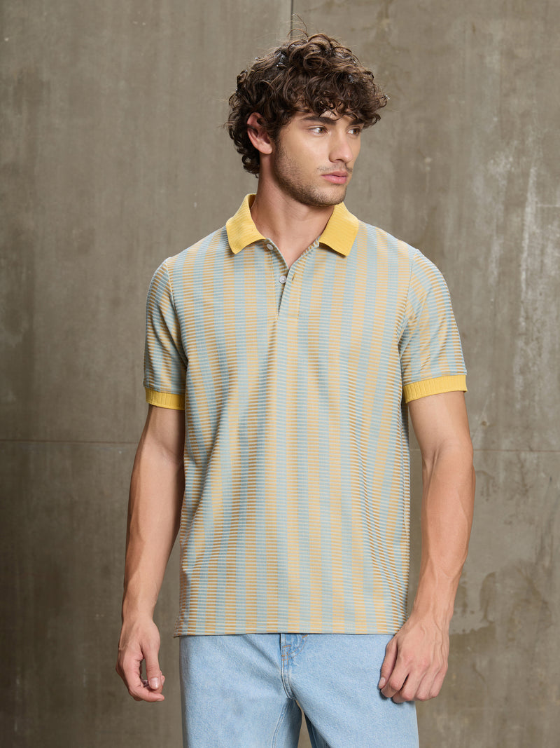 Cahoot Men's Yellow & Blue Striped Jacquard Stretchable Polo - view 2