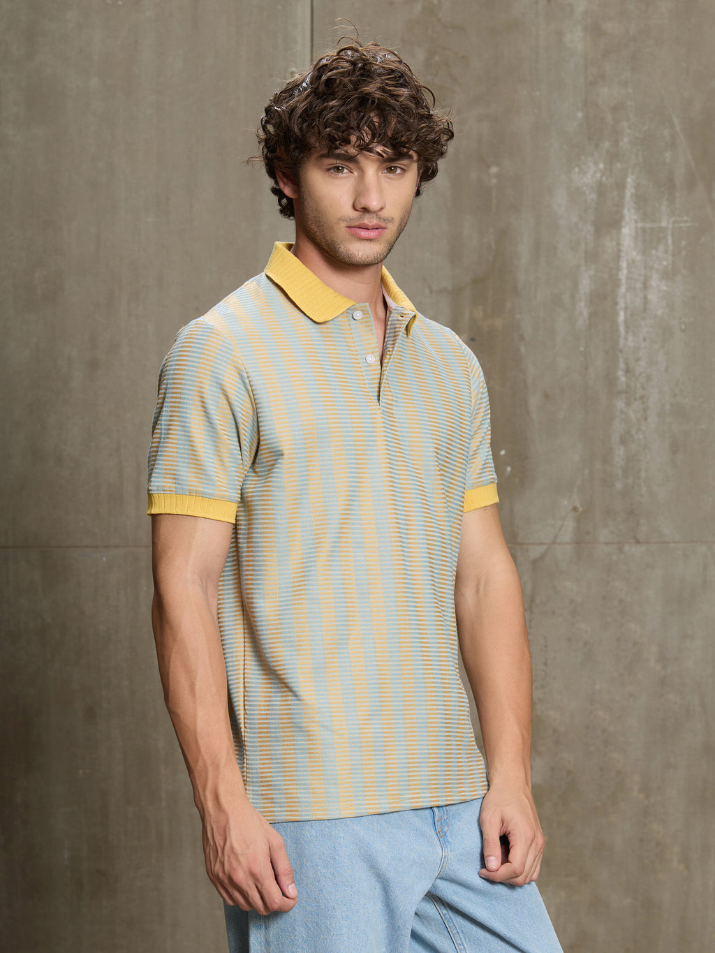 Cahoot Men's Yellow & Blue Striped Jacquard Stretchable Polo - view 3