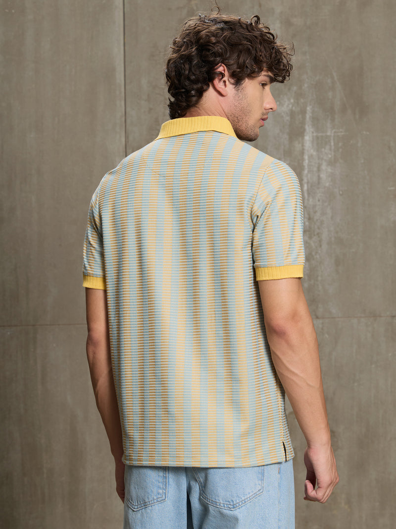Cahoot Men's Yellow & Blue Striped Jacquard Stretchable Polo - view 4