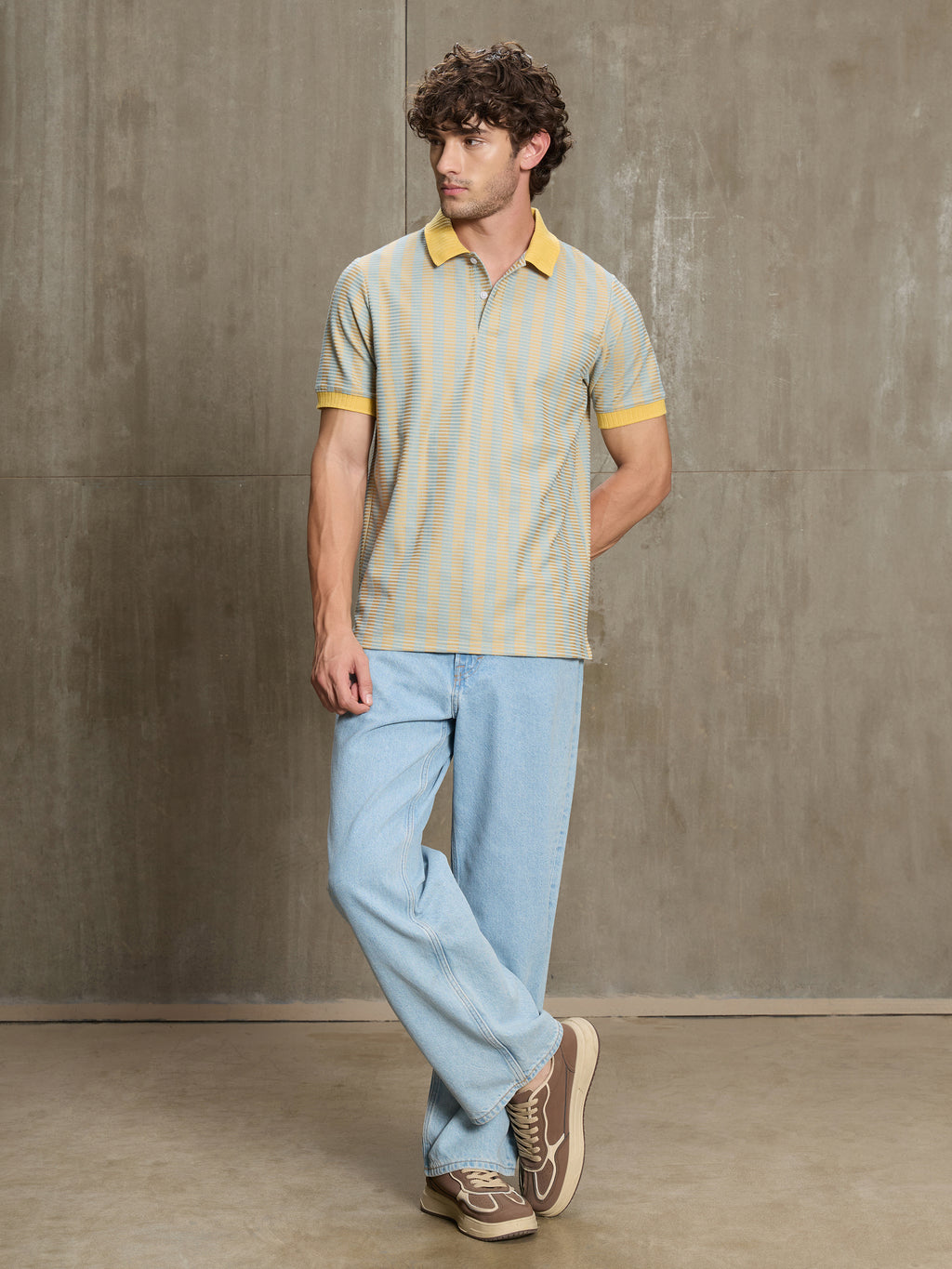 Cahoot Men's Yellow & Blue Striped Jacquard Stretchable Polo - view 5
