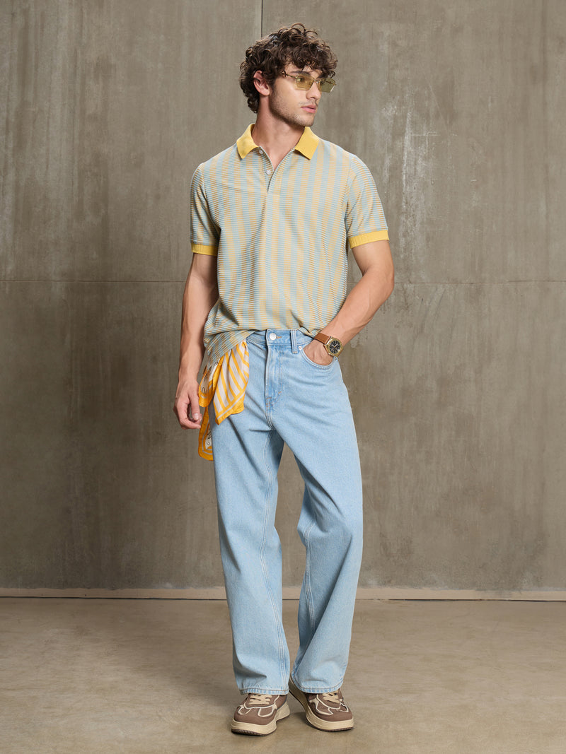 Cahoot Men's Yellow & Blue Striped Jacquard Stretchable Polo - view 6