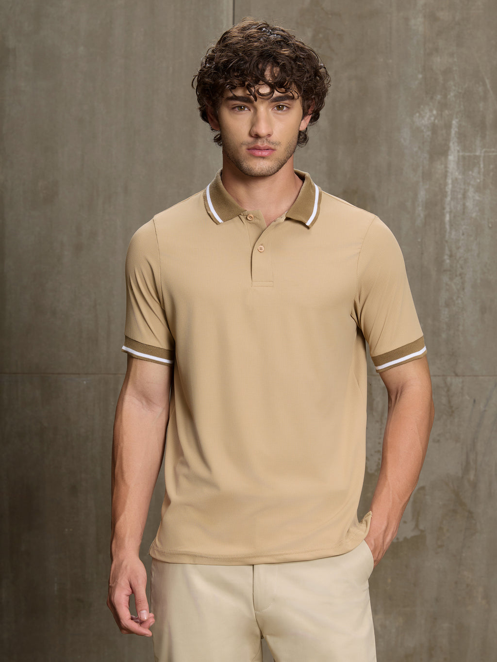Cahoot Men's Beige Lycra Structured Knit Polo With Tipping Collar - view 2